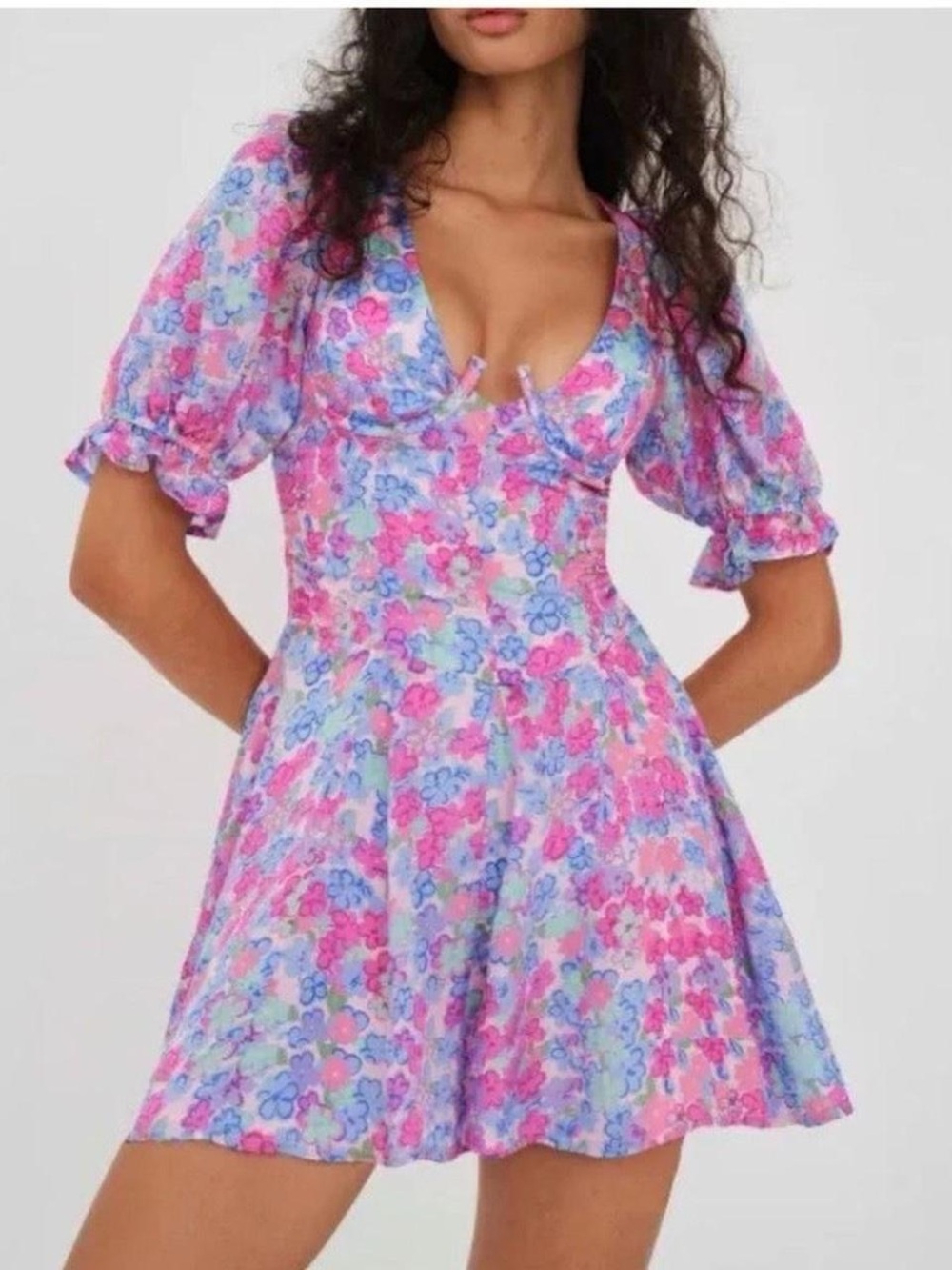For Love and Lemons Pink and Blue Floral Puff-Sleeve Mini Dress
